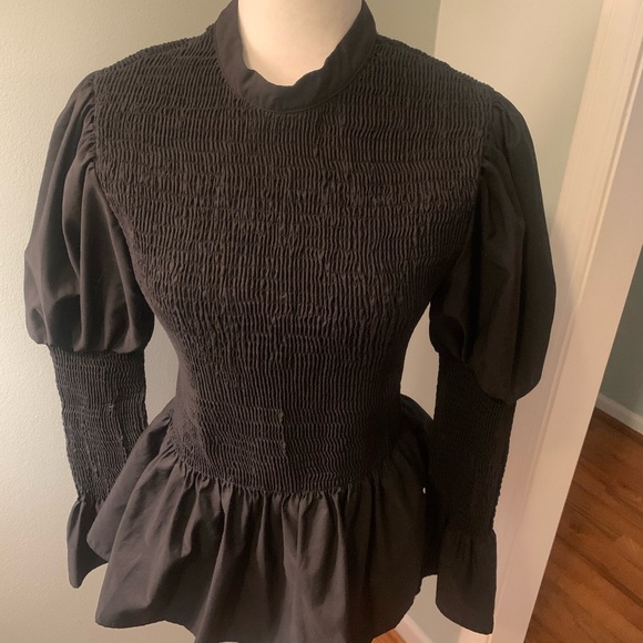 SHEIN Black Smocked Peplum Blouse,L - Picture 1 of 5